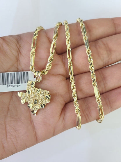 10k Milano Rope Chain Texas Nugget Charm Necklace SET 3mm 18" 20" 22" 24 Pendant - GoldenlinQ