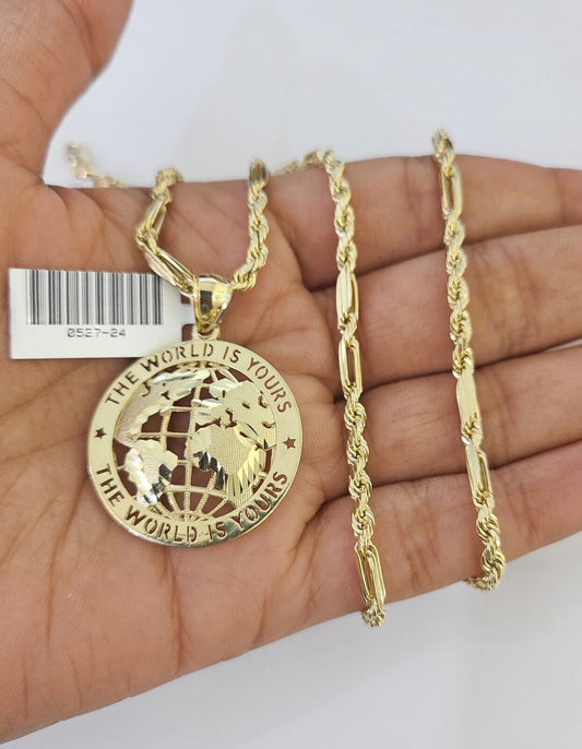 10k Milano Rope Chain World is Yours Charm Necklace SET 3mm 18" 20" 22" 24" - GoldenlinQ