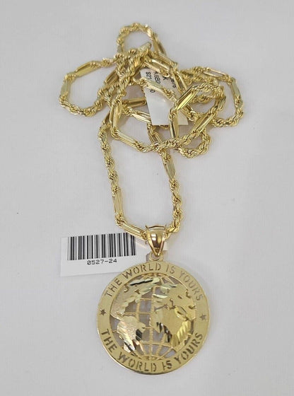 10k Milano Rope Chain World is Yours Charm Necklace SET 3mm 18" 20" 22" 24" - GoldenlinQ