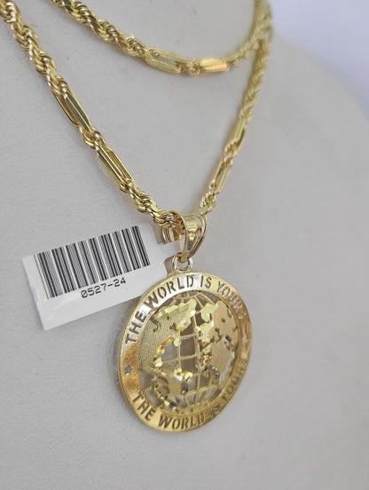 10k Milano Rope Chain World is Yours Charm Necklace SET 3mm 18" 20" 22" 24" - GoldenlinQ