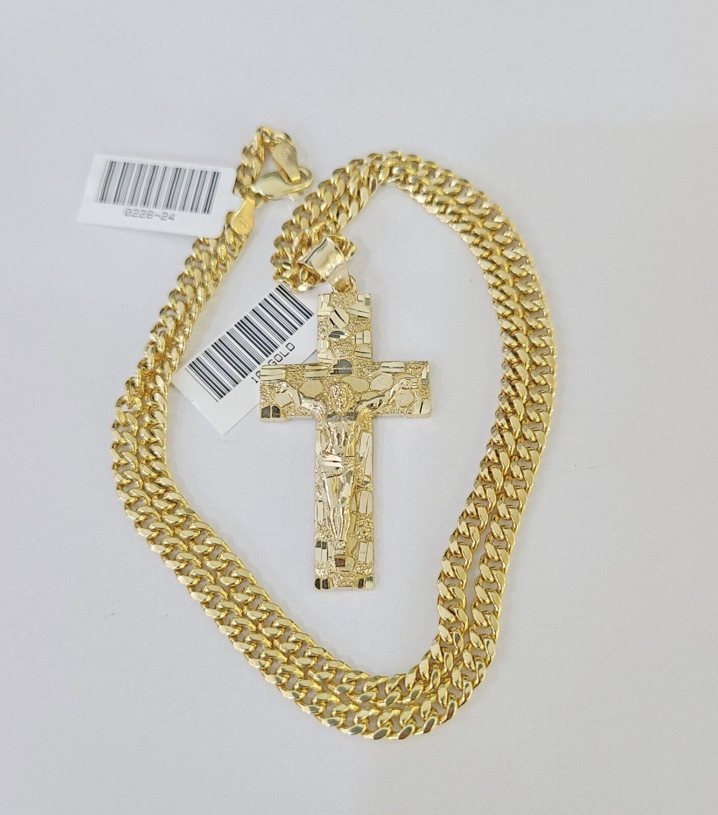 10k Nugget Cross Charm Miami Cuban Chain 4mm 22 inch SET Yellow Gold - Reva Jeweler