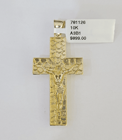 10k Nugget Cross Charm Miami Cuban Chain 4mm 22 inch SET Yellow Gold - Reva Jeweler