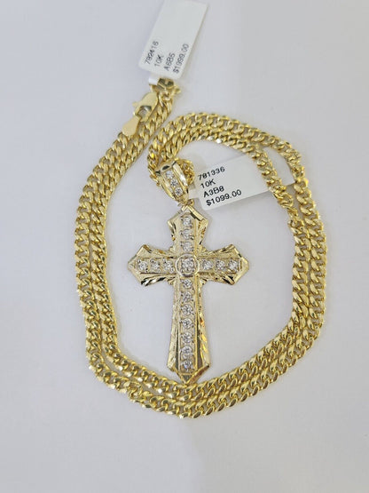 10k Nugget Cross Charm Miami Cuban Chain 4mm 22 inch SET Yellow Gold - Reva Jeweler