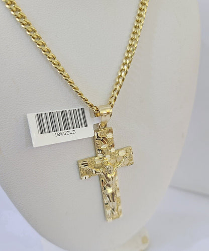 10k Nugget Cross Charm Miami Cuban Chain 4mm 22 inch SET Yellow Gold - Reva Jeweler