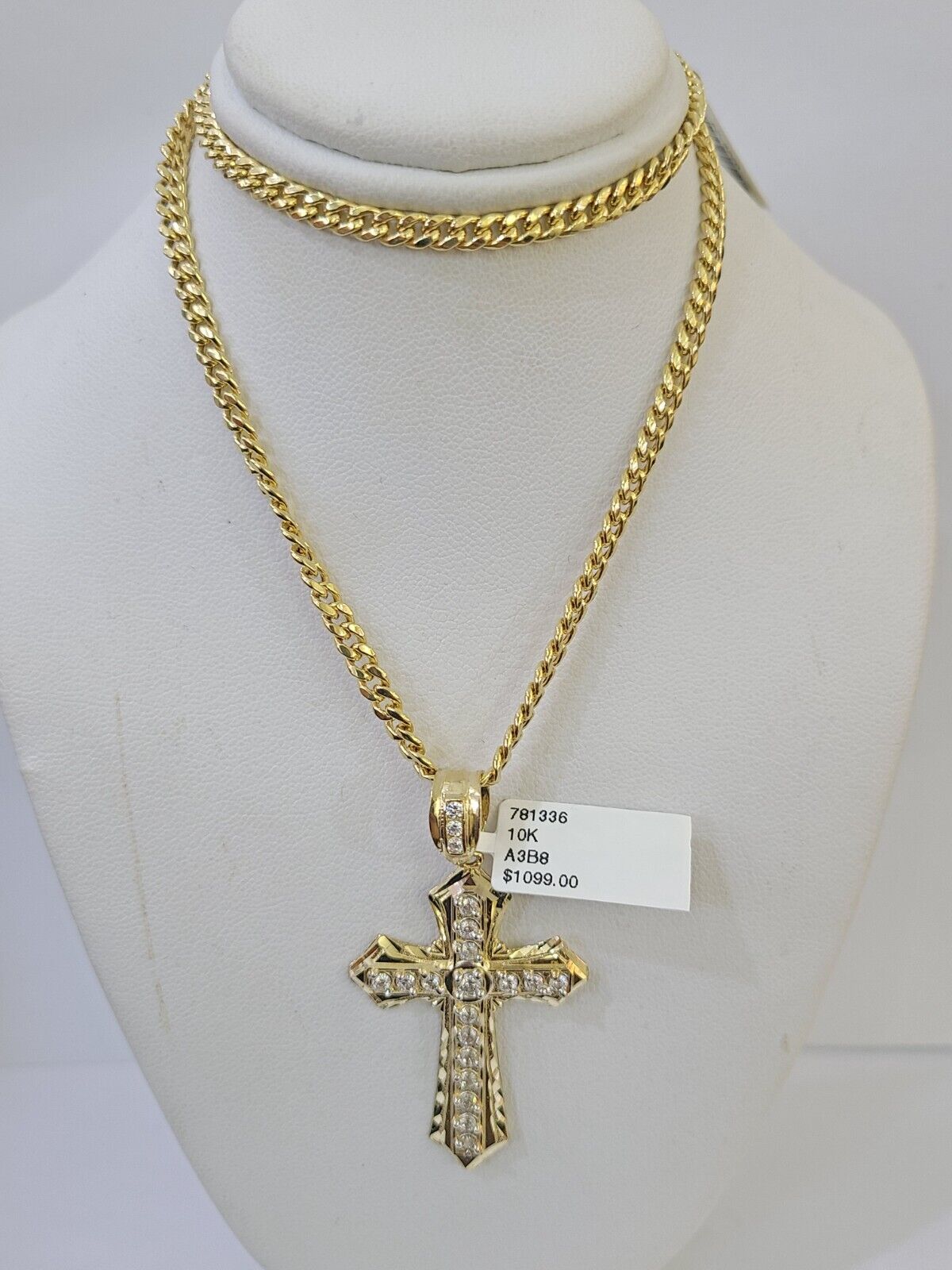 10k Nugget Cross Charm Miami Cuban Chain 4mm 22 inch SET Yellow Gold - Reva Jeweler