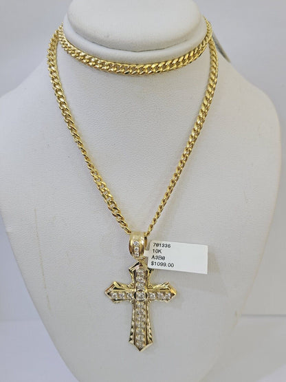10k Nugget Cross Charm Miami Cuban Chain 4mm 22 inch SET Yellow Gold - Reva Jeweler