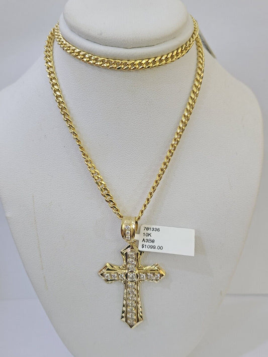 10k Nugget Cross Charm Miami Cuban Chain 4mm 22 inch SET Yellow Gold - Reva Jeweler
