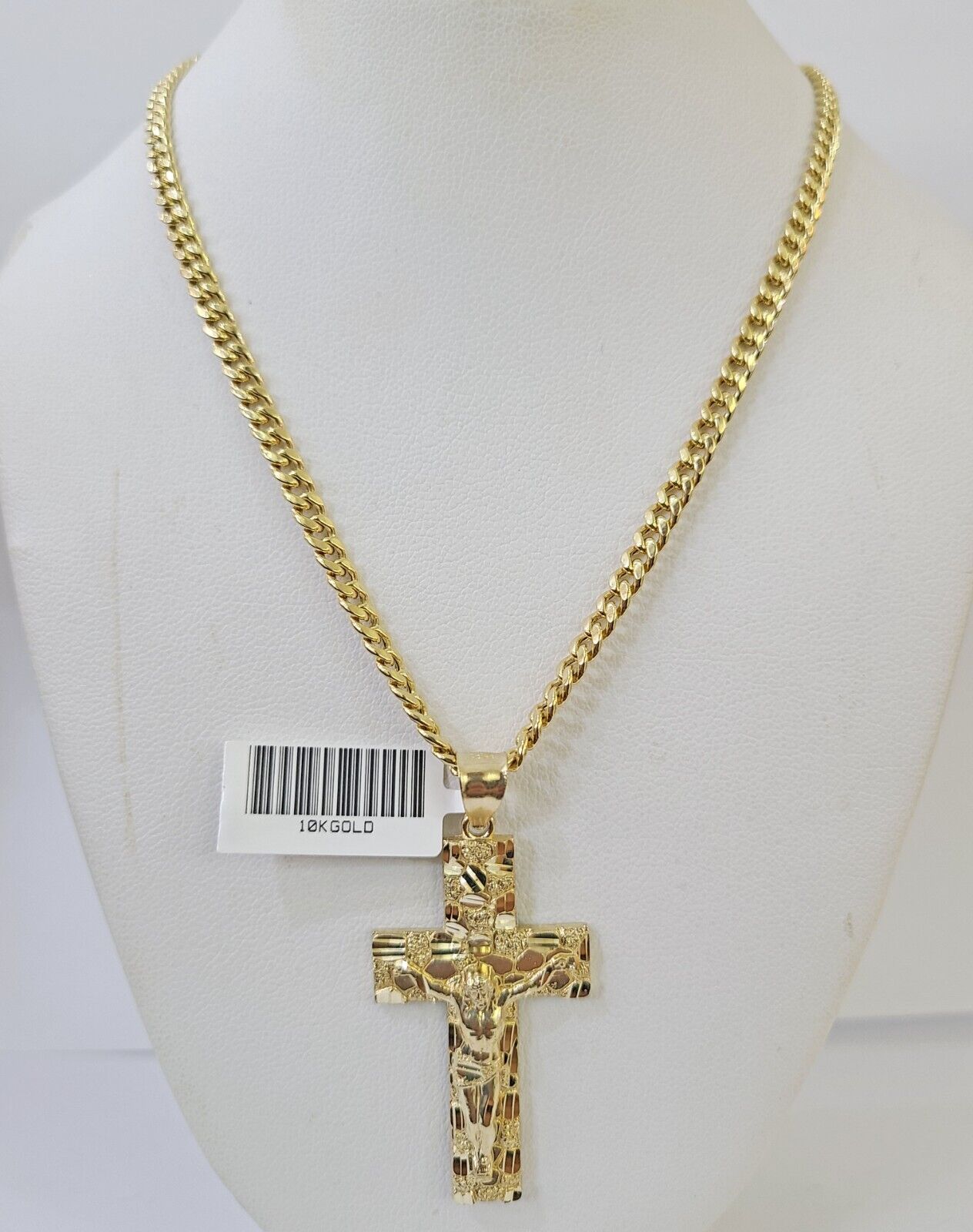 10k Nugget Cross Charm Miami Cuban Chain 4mm 22 inch SET Yellow Gold - Reva Jeweler