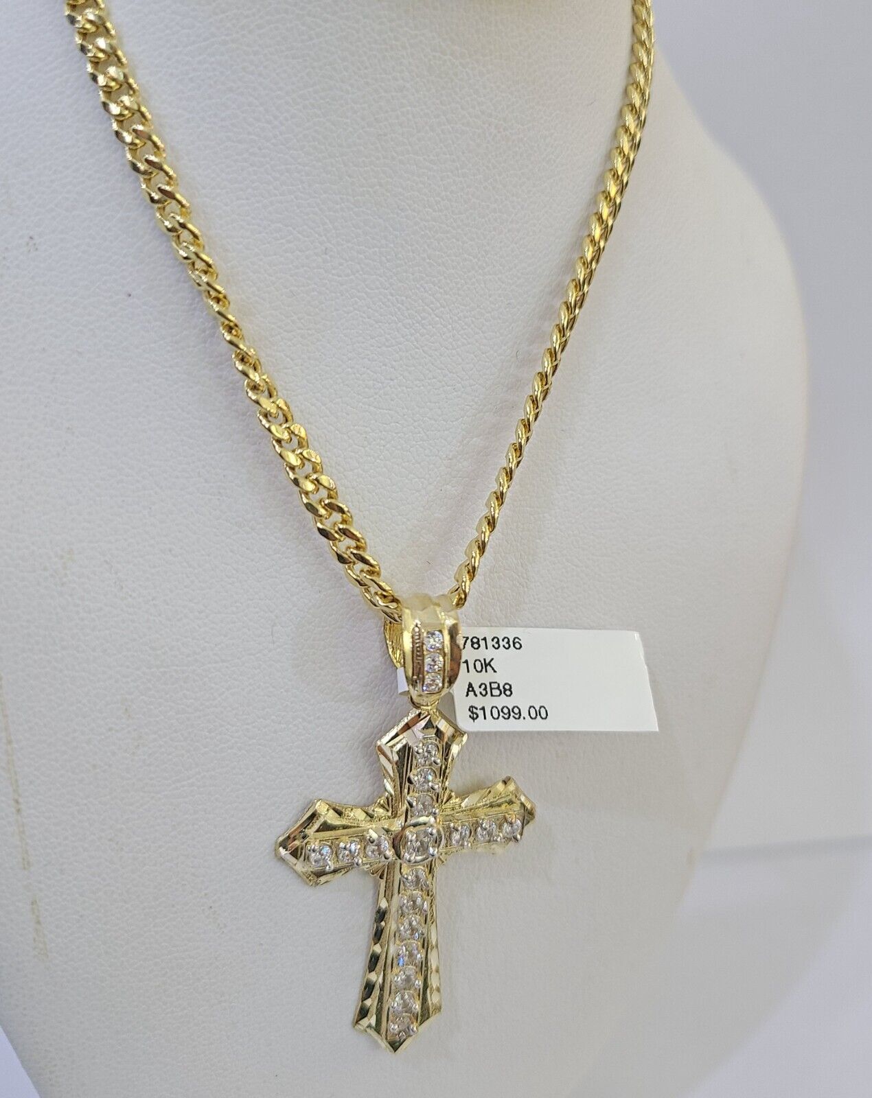 10k Nugget Cross Charm Miami Cuban Chain 4mm 22 inch SET Yellow Gold - Reva Jeweler