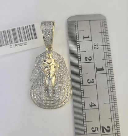 10k Pharaoh Head Diamond Pendant Charm Yellow Gold Men Women Real 10Kt 1.5 inch - GoldenlinQ