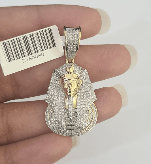 10k Pharaoh Head Diamond Pendant Charm Yellow Gold Men Women Real 10Kt 1.5 inch - GoldenlinQ