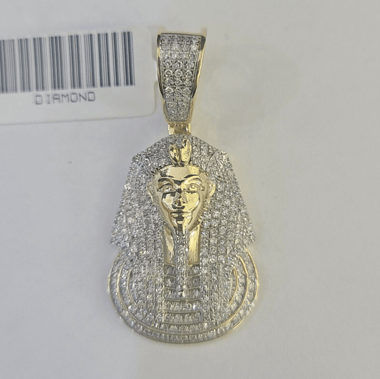 10k Pharaoh Head Diamond Pendant Charm Yellow Gold Men Women Real 10Kt 1.5 inch - GoldenlinQ