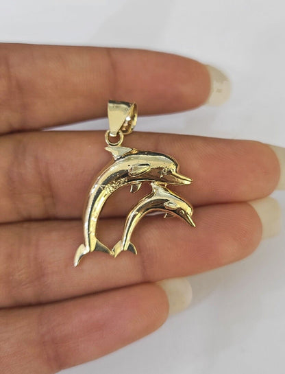 10K Real Dolphin Charm Pendant Yellow Gold 1" Genuine - GoldenlinQ