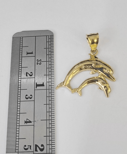 10K Real Dolphin Charm Pendant Yellow Gold 1" Genuine - GoldenlinQ