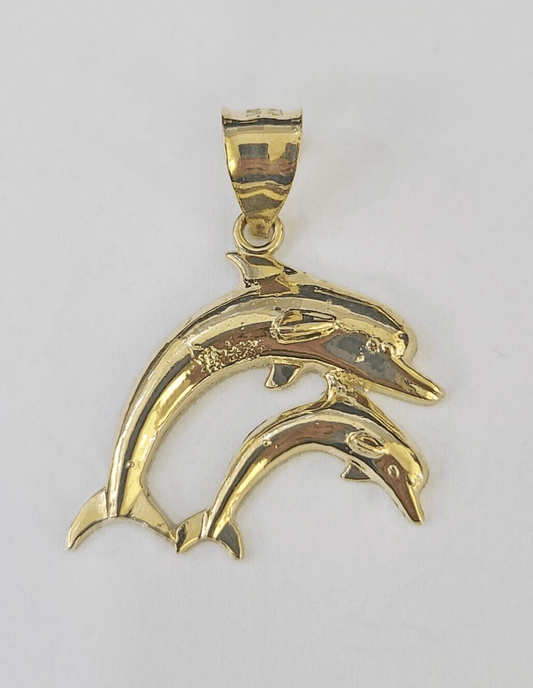 10K Real Dolphin Charm Pendant Yellow Gold 1" Genuine - GoldenlinQ