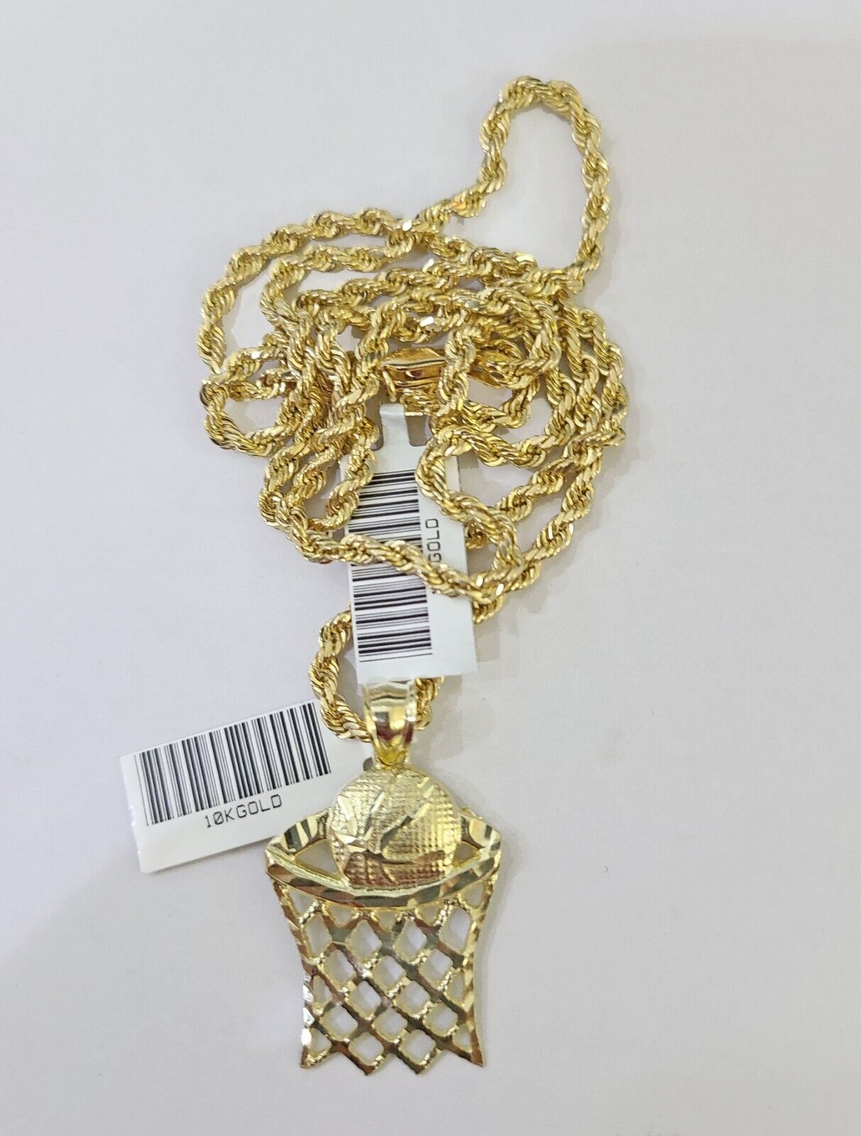 10k Real Gold Basketball Goal Pendant with 3mm 22'' Rope Chain Necklace Set - Reva Jeweler