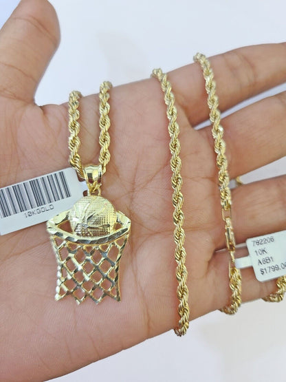 10k Real Gold Basketball Goal Pendant with 3mm 22'' Rope Chain Necklace Set - Reva Jeweler