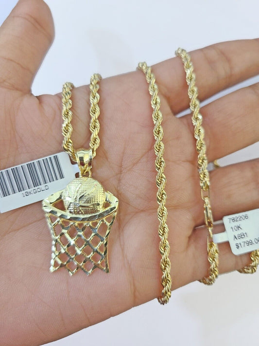 10k Real Gold Basketball Goal Pendant with 3mm 22'' Rope Chain Necklace Set - Reva Jeweler