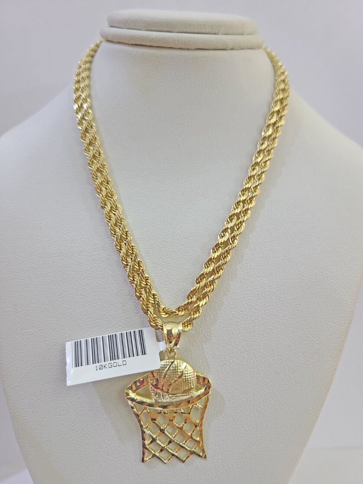 10k Real Gold Basketball Goal Pendant with 3mm 22'' Rope Chain Necklace Set - Reva Jeweler