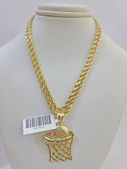 10k Real Gold Basketball Goal Pendant with 3mm 22'' Rope Chain Necklace Set - Reva Jeweler