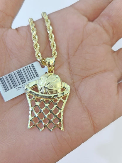 10k Real Gold Basketball Goal Pendant with 3mm 22'' Rope Chain Necklace Set - Reva Jeweler