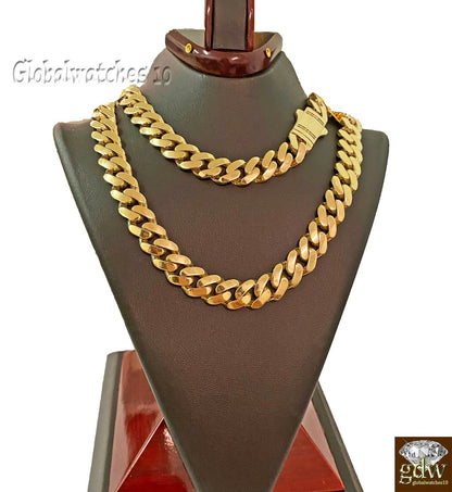 10k Real Gold Men Royal Miami Cuban Monaco Link Chain 24 inch 13.5mm THICK - Reva Jeweler