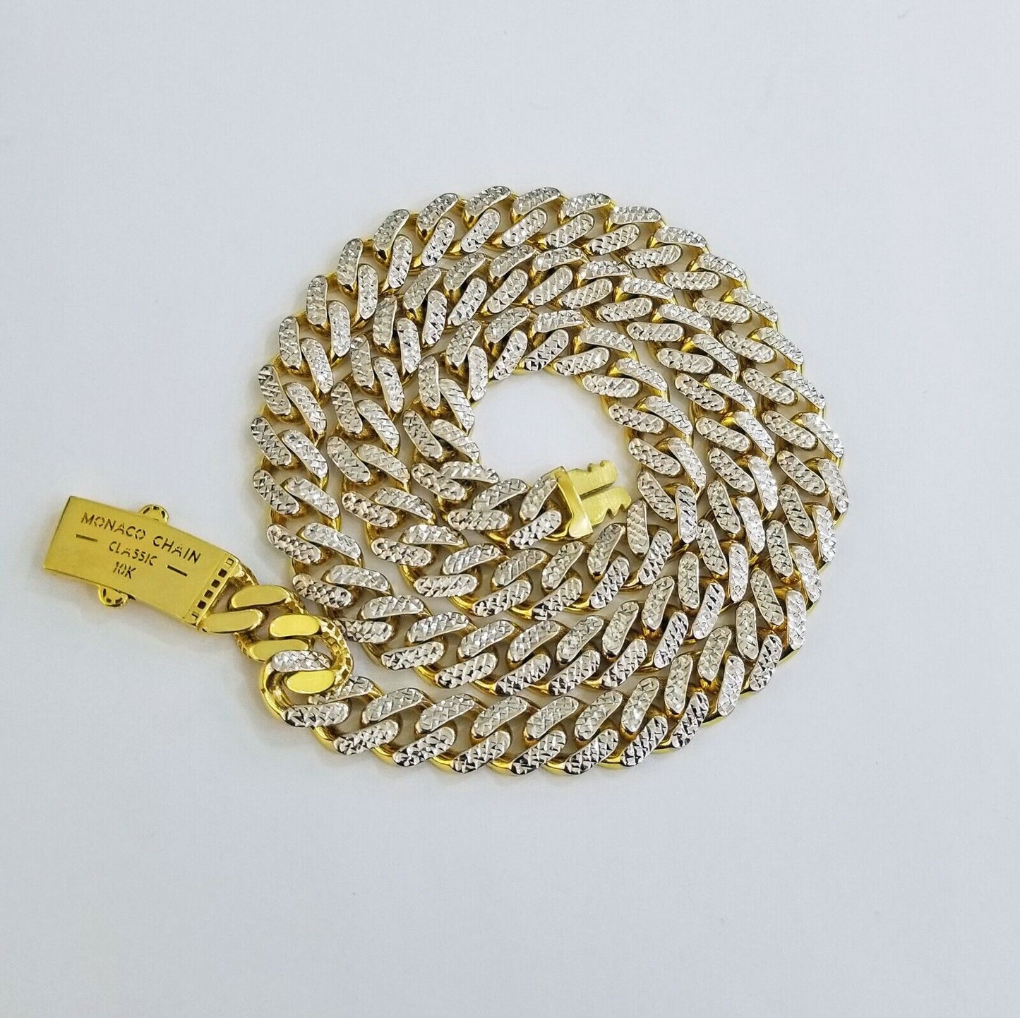 10k Real Gold Monaco Link Chain 22" diamond cut Men women necklace 10kt - Reva Jeweler
