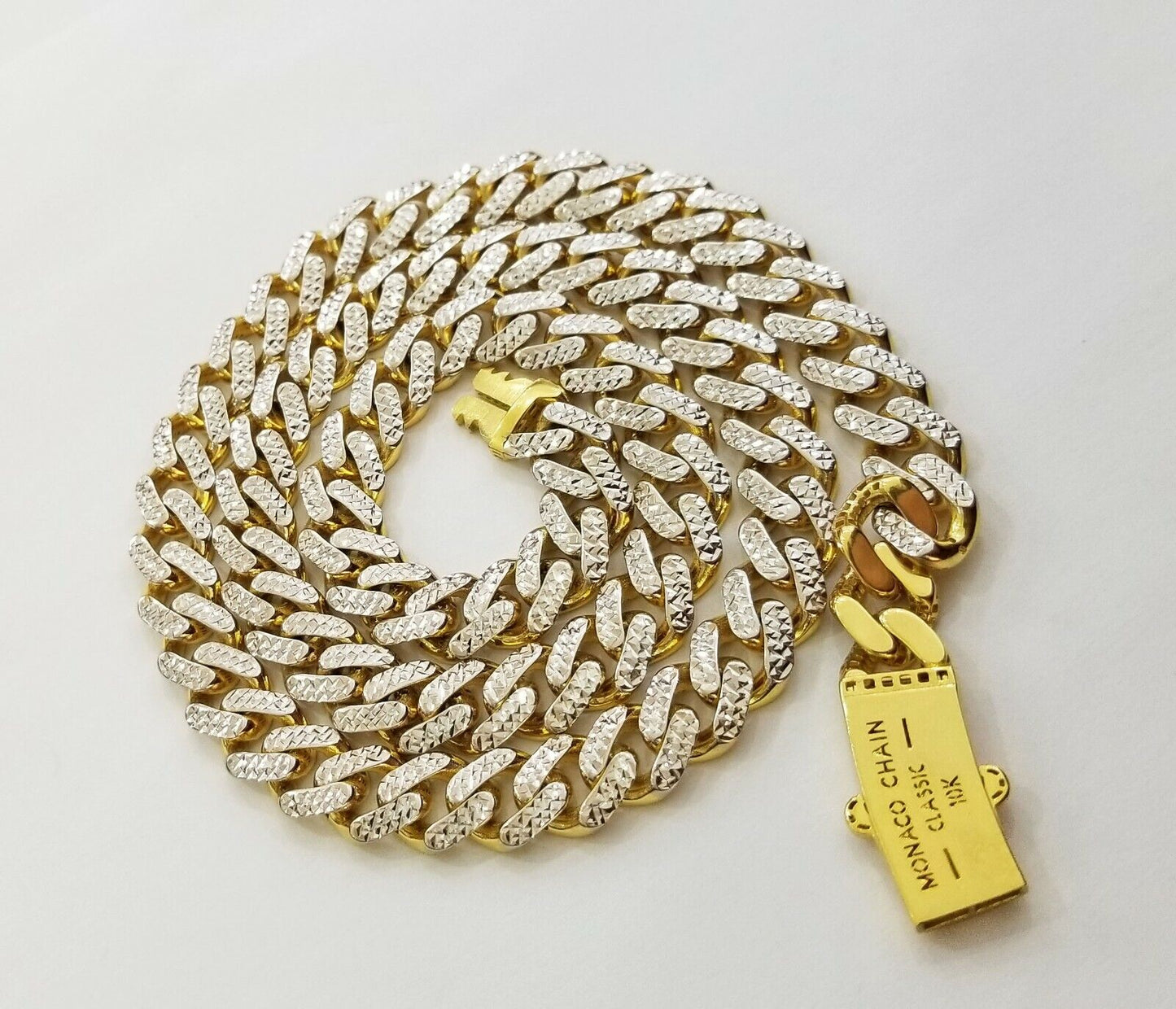 10k Real Gold Monaco Link Chain 22" diamond cut Men women necklace 10kt - Reva Jeweler