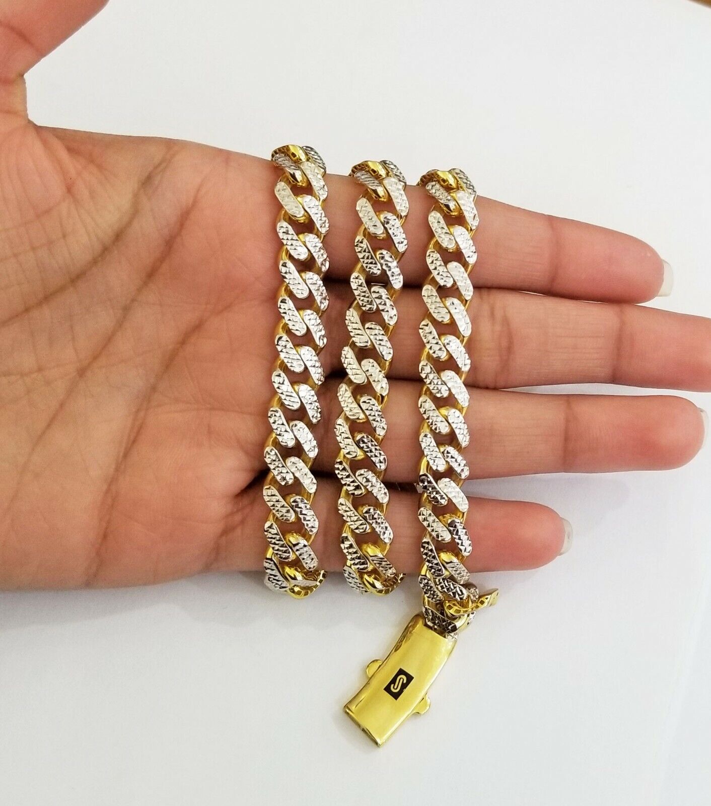 10k Real Gold Monaco Link Chain 22" diamond cut Men women necklace 10kt - Reva Jeweler