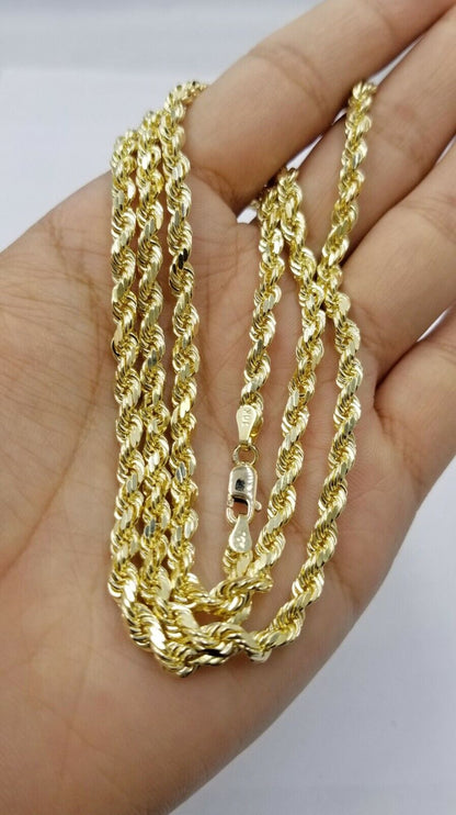 10k Real Gold Rope Chain For Men SOLID Diamond Cut 4mm 20 Inch Free Shipping - Reva Jeweler
