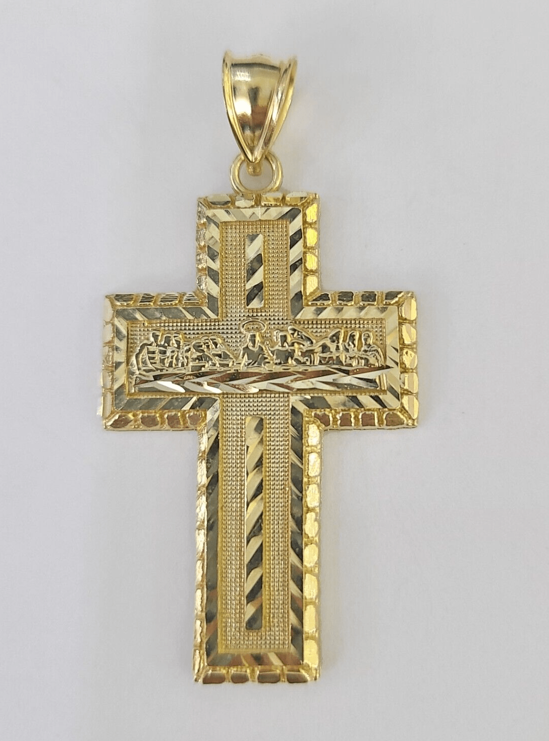 10k Real Last Supper Cross Charm Pendant Yellow Gold Men Women Diamond cuts 2" - GoldenlinQ