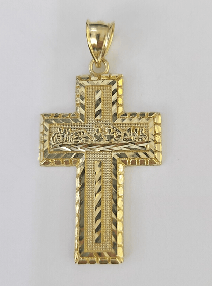 10k Real Last Supper Cross Charm Pendant Yellow Gold Men Women Diamond cuts 2" - GoldenlinQ