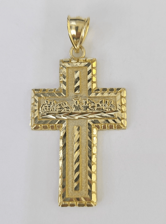 10k Real Last Supper Cross Charm Pendant Yellow Gold Men Women Diamond cuts 2" - GoldenlinQ