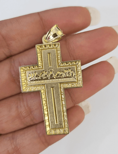10k Real Last Supper Cross Charm Pendant Yellow Gold Men Women Diamond cuts 2" - GoldenlinQ