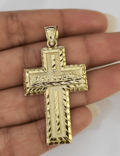 10k Real Last Supper Cross Charm Pendant Yellow Gold Men Women Diamond cuts 2" - GoldenlinQ