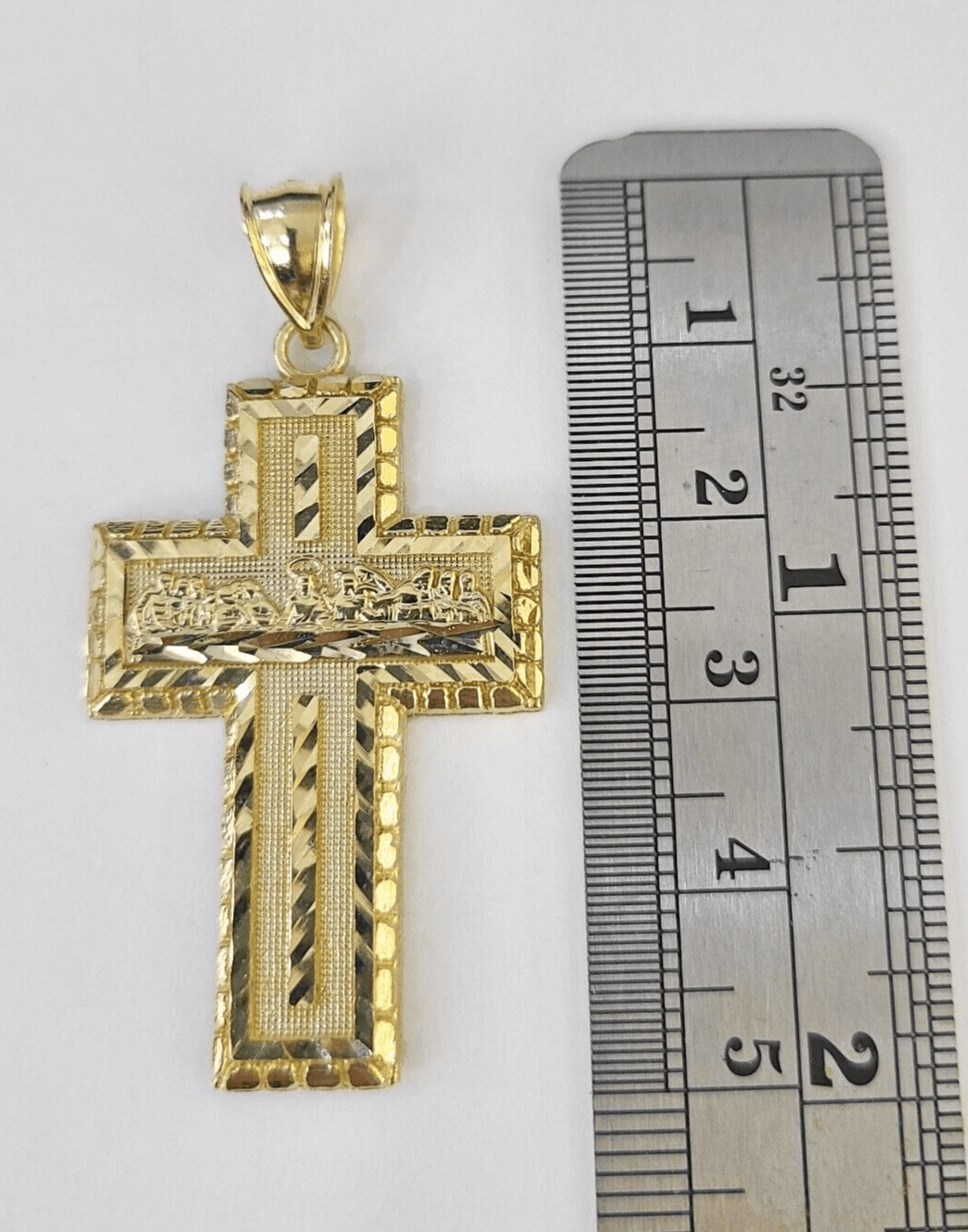 10k Real Last Supper Cross Charm Pendant Yellow Gold Men Women Diamond cuts 2" - GoldenlinQ
