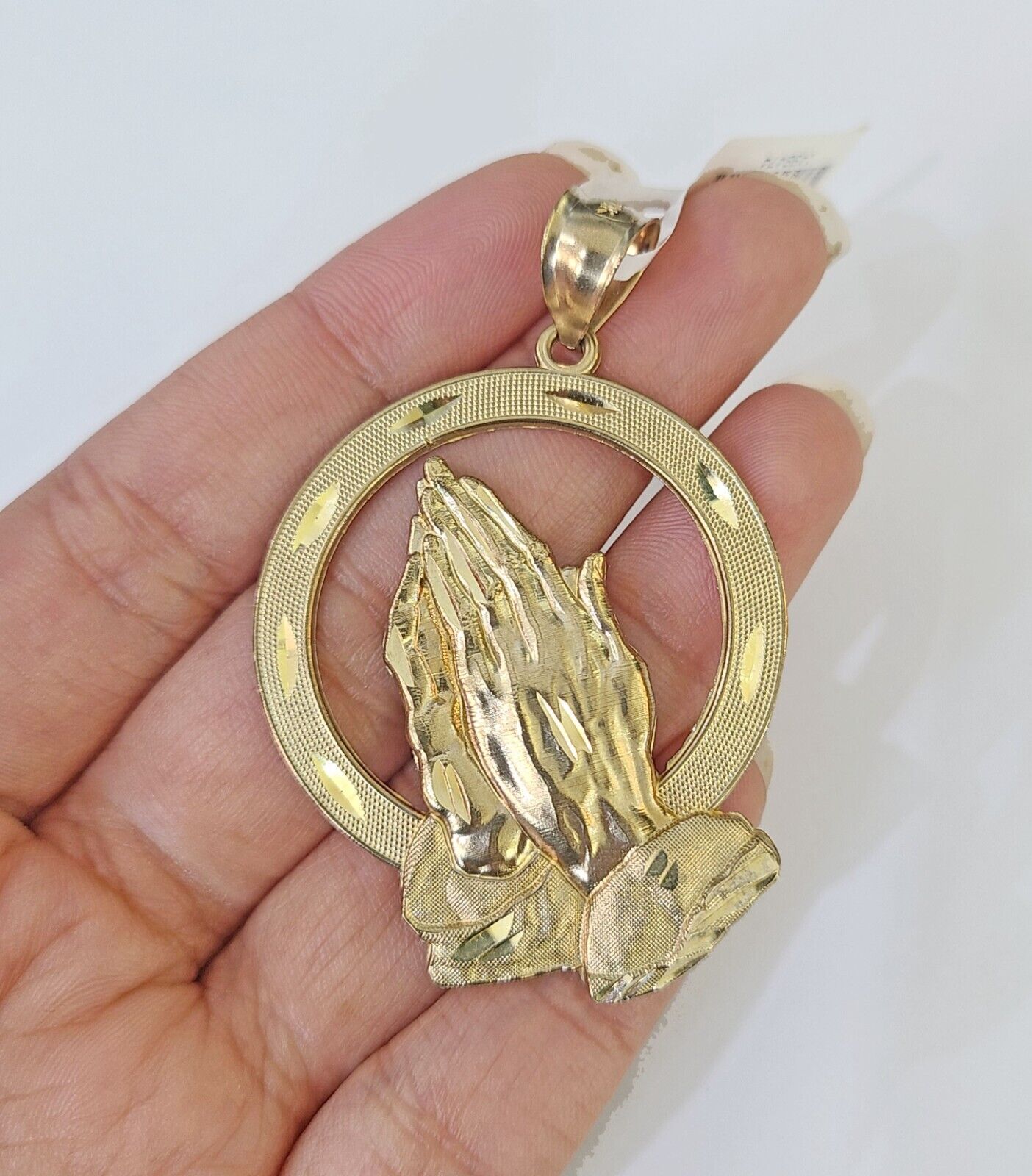 10K Real Praying Hands Charm Pendant Yellow Gold 2" Genuine - Reva Jeweler