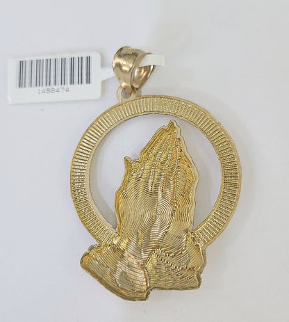 10K Real Praying Hands Charm Pendant Yellow Gold 2" Genuine - Reva Jeweler