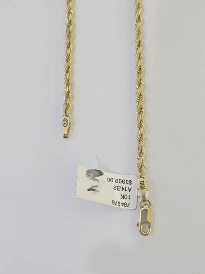 10k Real Solid Yellow Gold Rope Chain Women Men Diamond Cut 3mm 22 Inches - Reva Jeweler
