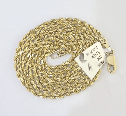 10k Real Solid Yellow Gold Rope Chain Women Men Diamond Cut 3mm 22 Inches - Reva Jeweler