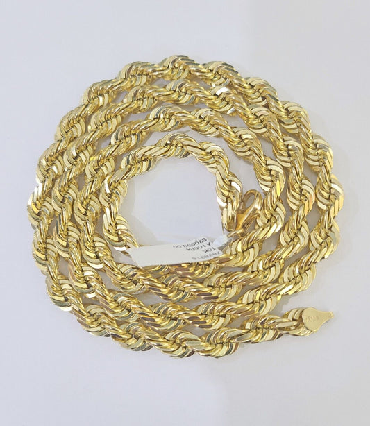 10k Real Solid Yellow Gold Rope Chain Women Men Diamond Cut 7mm 28 Inches - Reva Jeweler