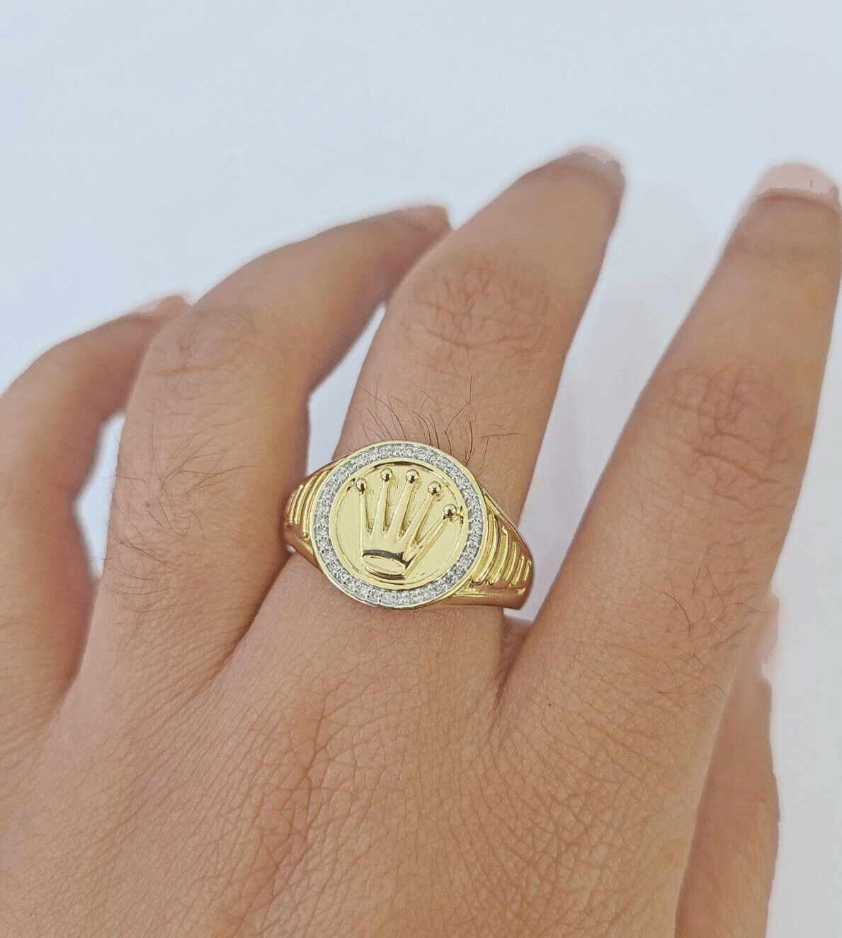 10k Real yellow Gold Diamond Crown Ring men casual Circular ring - Reva Jeweler