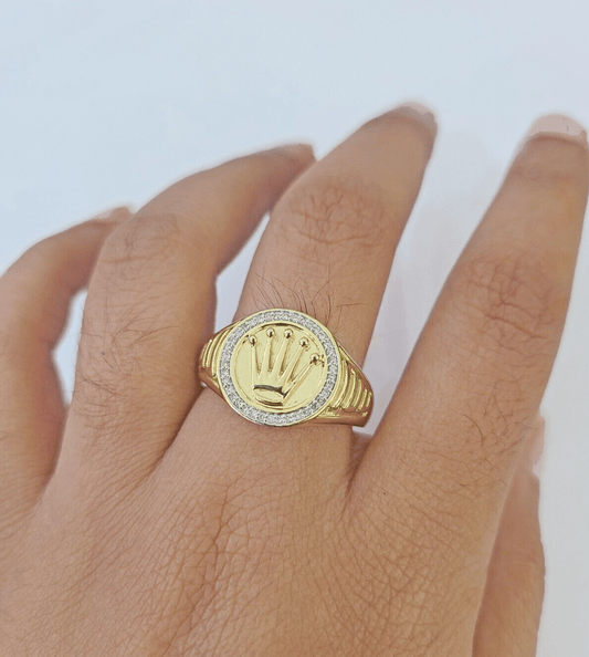 10k Real yellow Gold Diamond Crown Ring men casual Circular ring - Reva Jeweler