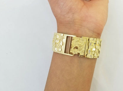 10K REAL Yellow Gold Nugget Bracelet 9" Inch 22mm Mens Thick Bracelet 10kt - Reva Jeweler