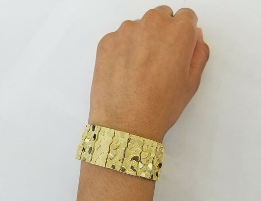 10K REAL Yellow Gold Nugget Bracelet 9" Inch 22mm Mens Thick Bracelet 10kt - Reva Jeweler