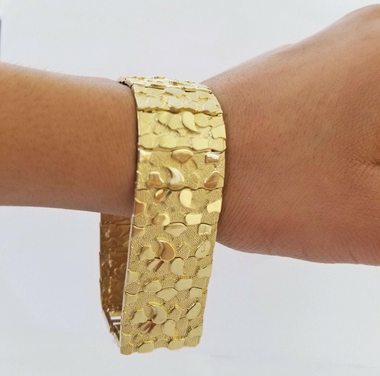 10K REAL Yellow Gold Nugget Bracelet 9" Inch 22mm Mens Thick Bracelet 10kt - Reva Jeweler