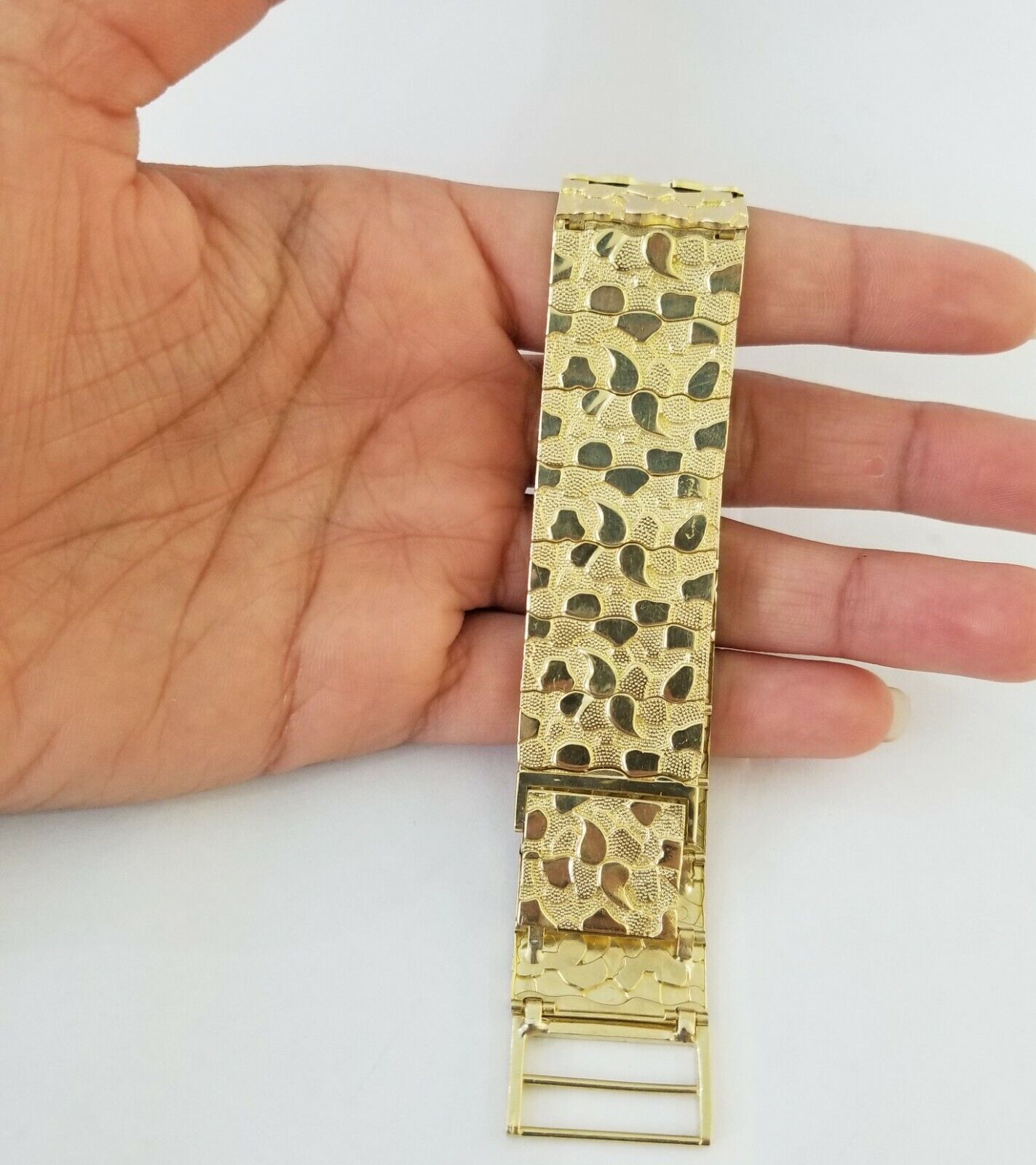 10K REAL Yellow Gold Nugget Bracelet 9" Inch 22mm Mens Thick Bracelet 10kt - Reva Jeweler