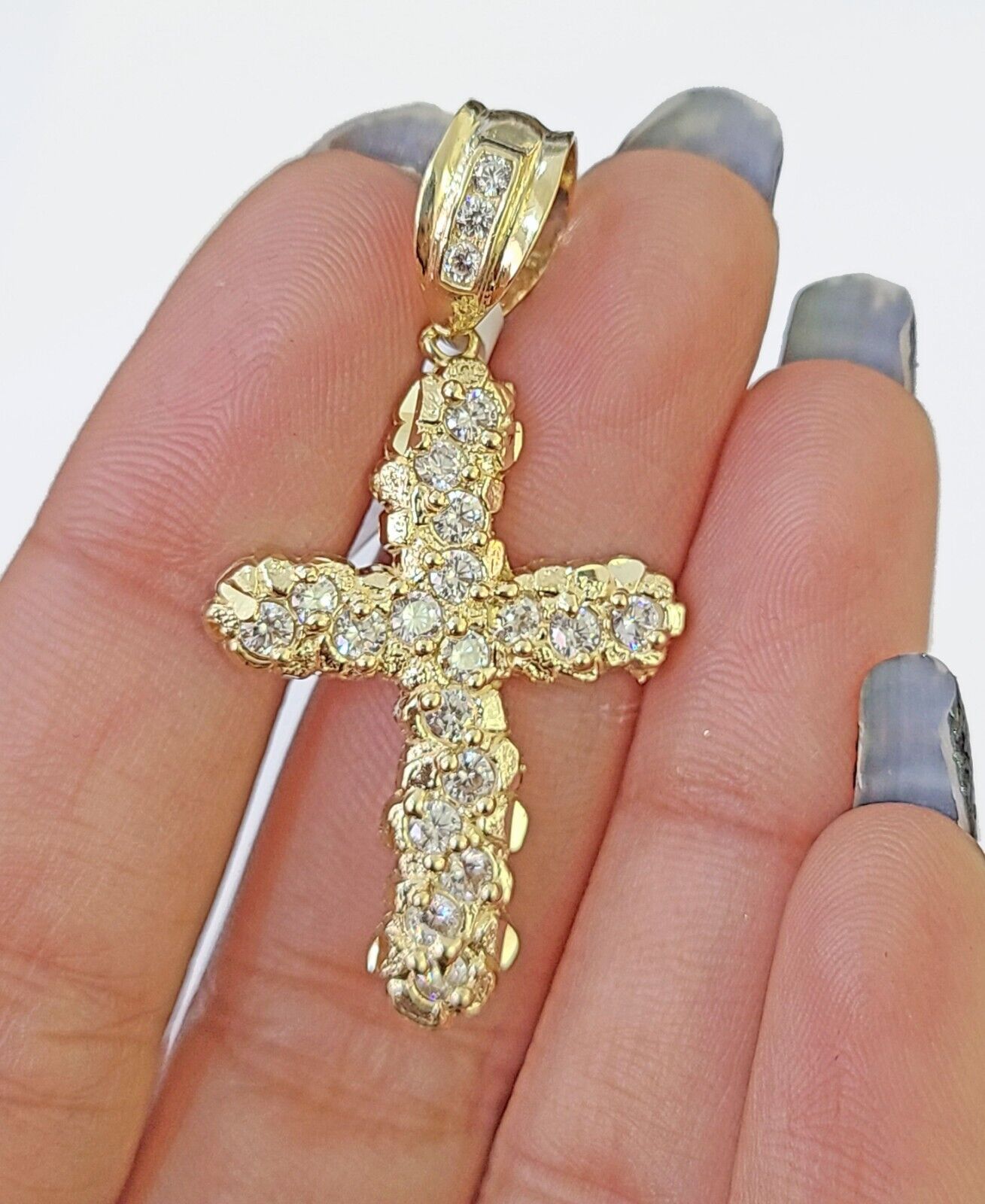 10k Real Yellow Gold Nugget Cross Charm / Pendent 2 inches (approx) - Reva Jeweler