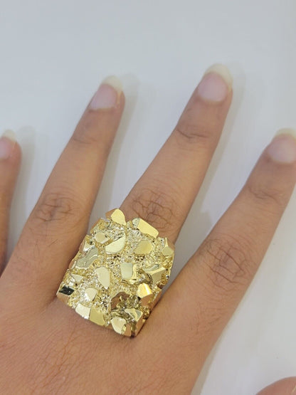 10k Real yellow Gold Nugget Ring men casual Rectangle gold ring 10kt - Reva Jeweler