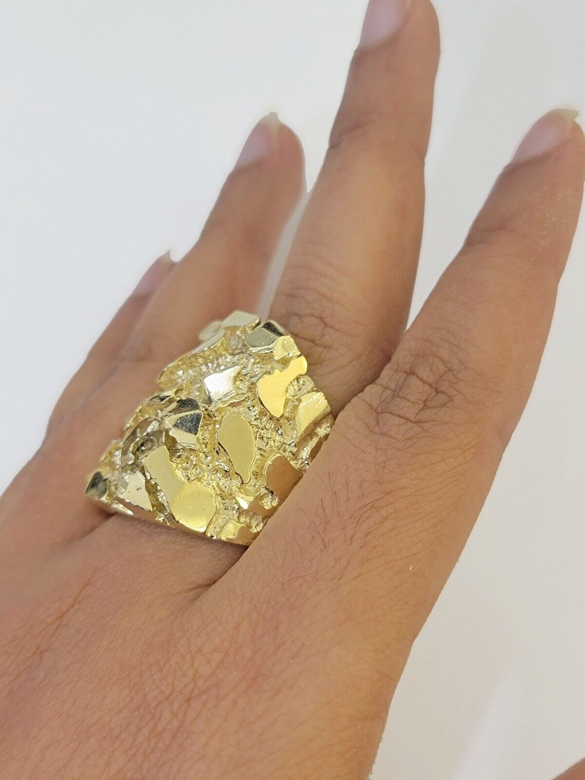 10k Real yellow Gold Nugget Ring men casual Rectangle gold ring 10kt - Reva Jeweler